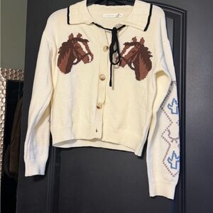 Altar'd State Cream Cardigan with Brown Horse Intarsia & Black Tie